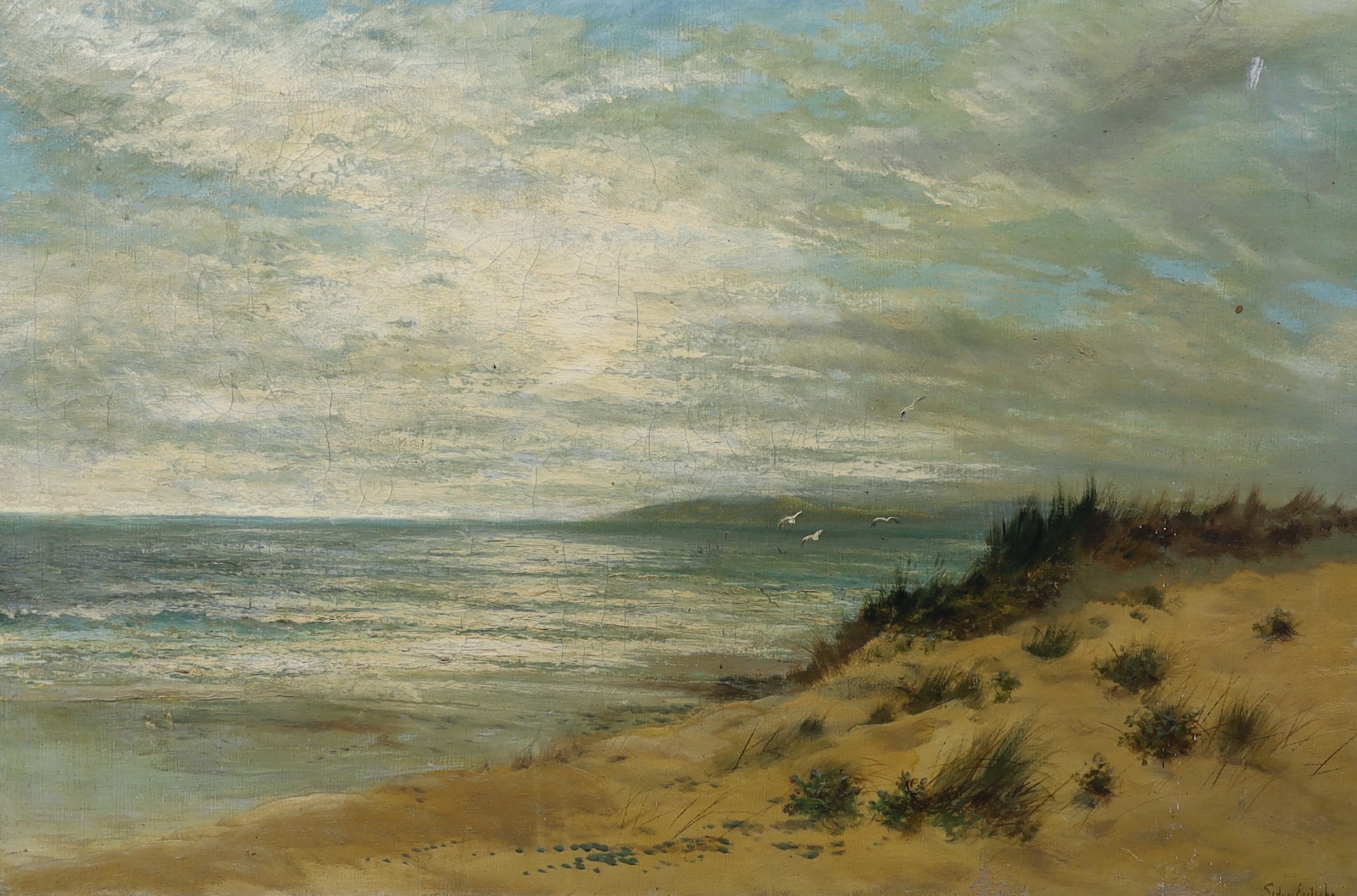 Sidney Eastlake (19th.C), oil on canvas, Coastal scene with sand dunes, signed and dated 1905, 60 x 90cm. Condition - poor to fair, dirt and craquelure all over